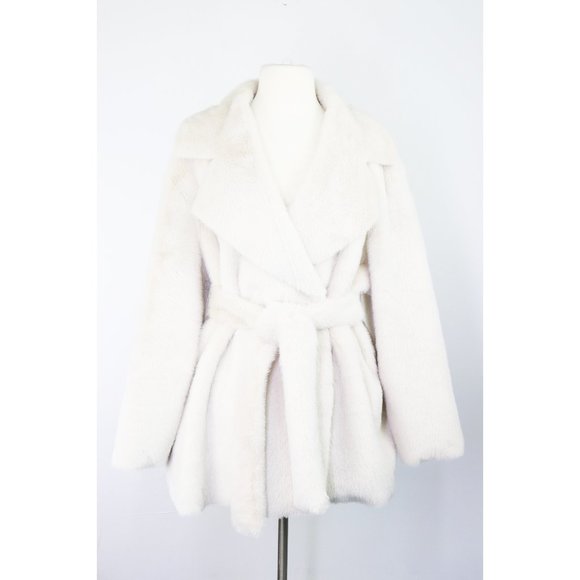 NWT Love Token Bentley Faux Fur Tie Wrap Jacket Oversized Notch Lapel Ecru White - Picture 3 of 8